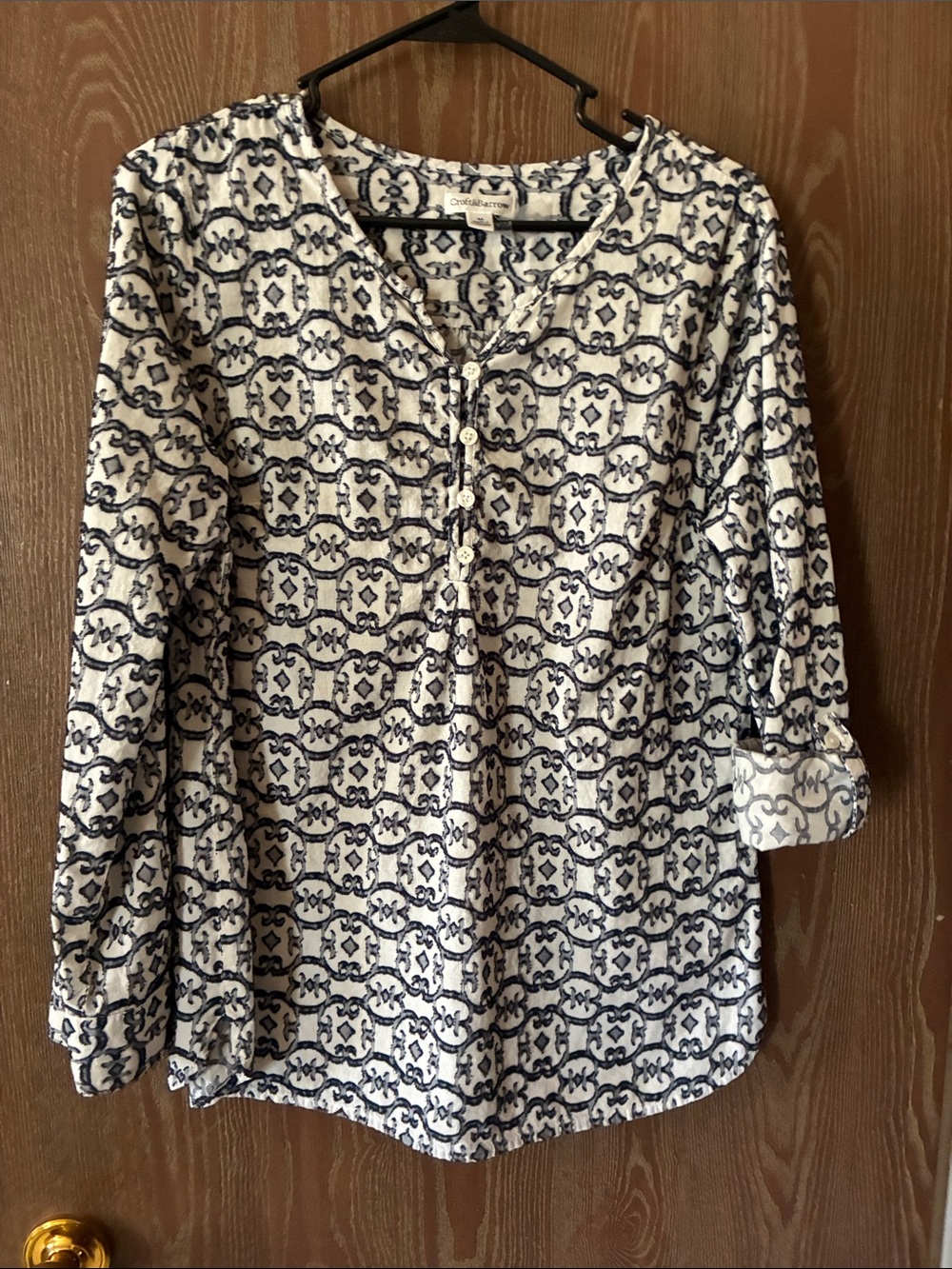 croft & barrow black and white patterned henley woven tunic